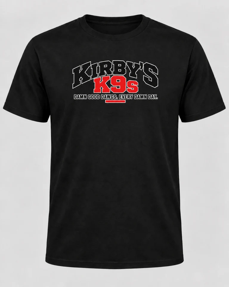 Kirby’s K9’s Logo Tee — Black — exact approved merchandise artwork