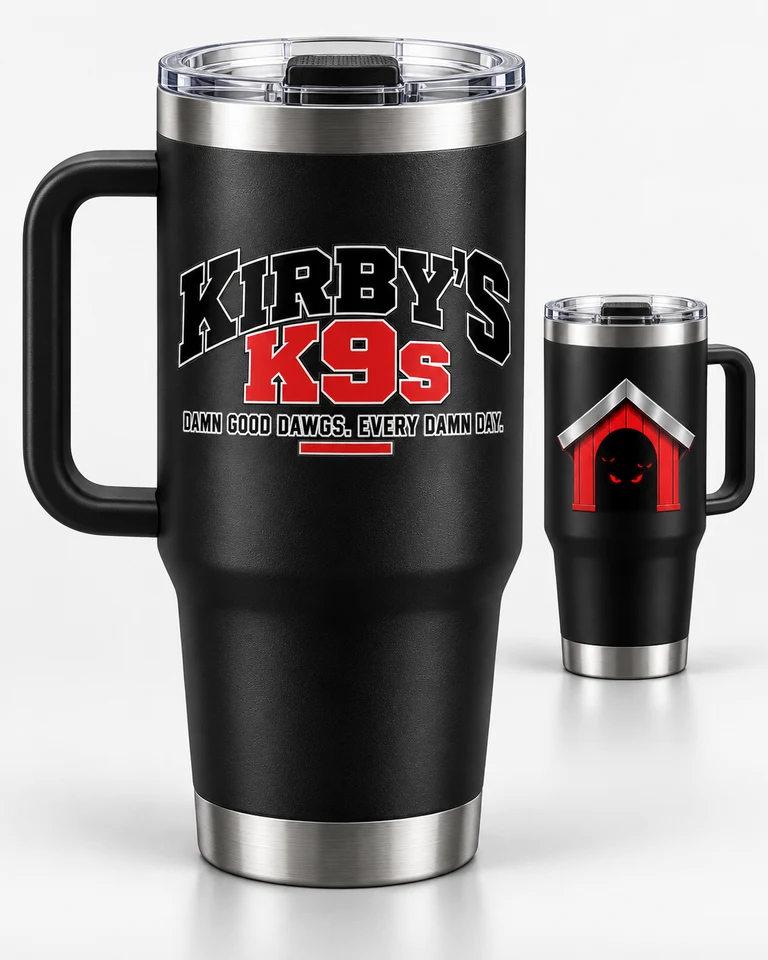 Kirby’s K9’s Black Tumbler — exact approved merchandise artwork