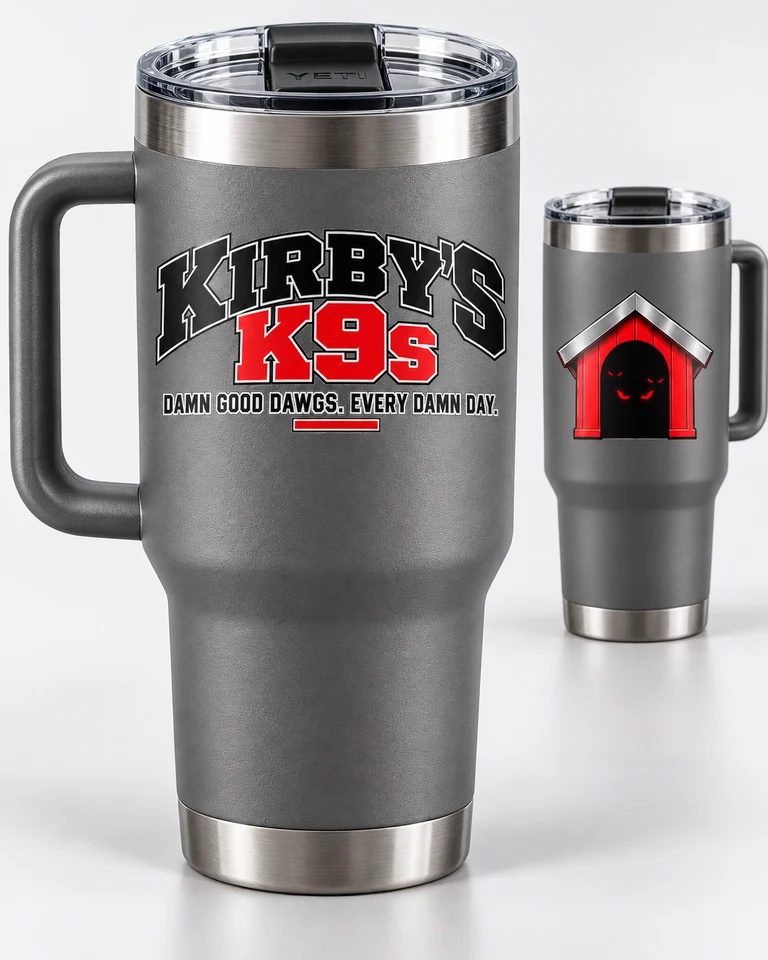 Kirby’s K9’s Grey Tumbler — exact approved merchandise artwork